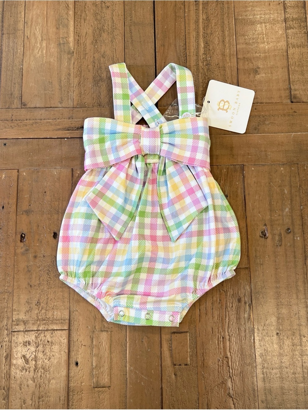 Swoon Baby Oversized Bow Bubble Romper 3 Months Rainbow Checkered Plaid New